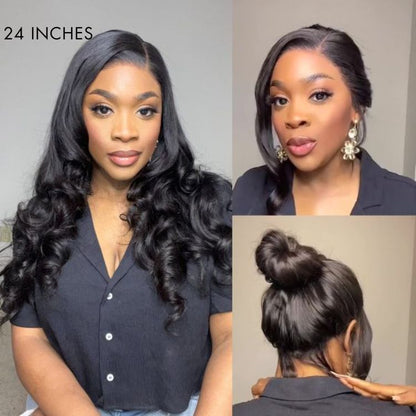 Luvme glueless 13x6 frontal lace wig with natural black body wave hair, side part, long human hair style.