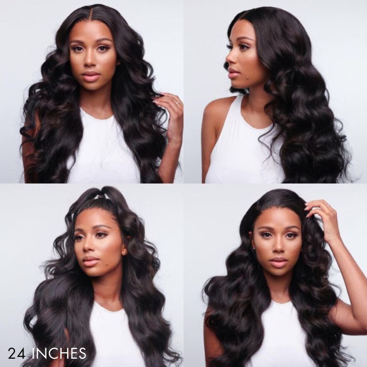 Luvme glueless 13x6 frontal lace wig with natural black body wave long hair and side part, made from 100% human hair.