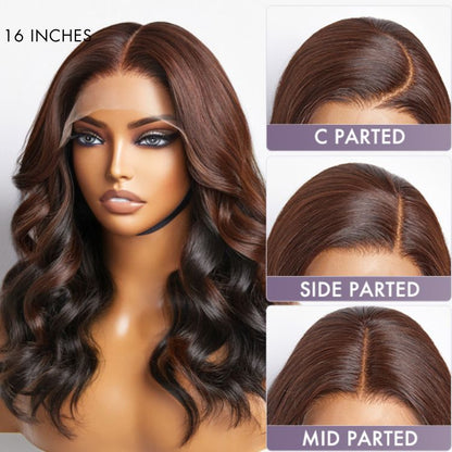 Luvme Peekaboo Bronze Brown 5x5 Closure HD Lace Wig with loose body wave, glueless design, available in large and small cap sizes.