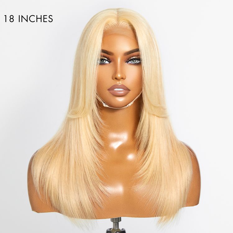 Blonde 613 layered curtain bangs 5x5 closure HD lace wig with natural parting and glueless design, styled for a seamless look.