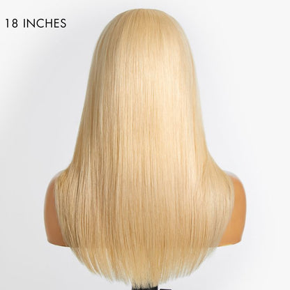 Blonde layered curtain bangs 5x5 closure wig with glueless fit and HD lace, featuring natural hair texture and style.