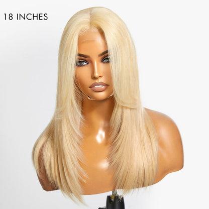 Blonde 613 layered curtain bangs 5x5 closure HD lace wig with natural hairline and glueless fit, styled for a seamless look.