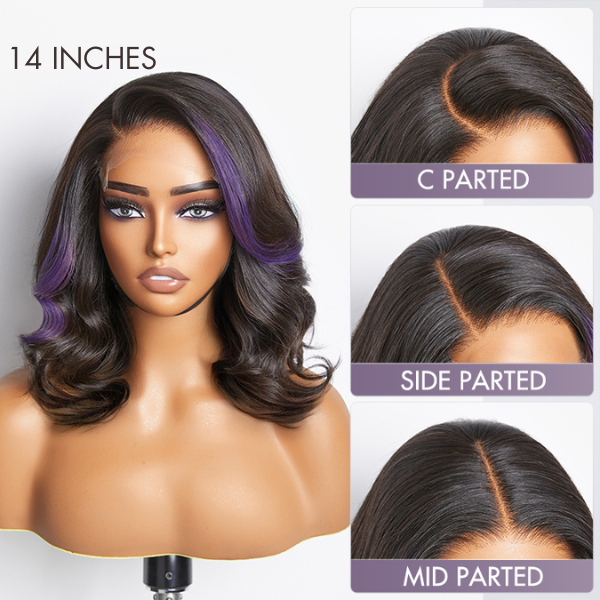 Luvme Hair purple highlights loose wave 5x5 closure wig with HD lace, showing the textured waves and cap size options.