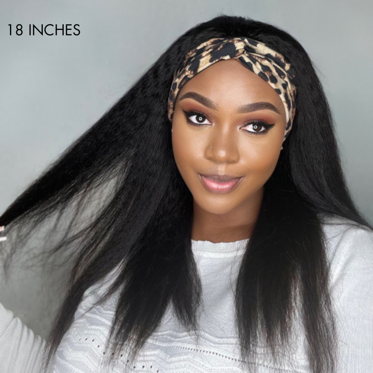 Luvme Put On & Go glueless kinky straight headband wig made of 100% human hair with trendy headbands included, black hair style.
