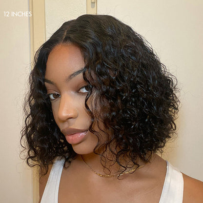 Luvme Vacation Vibes Water Wave 4x4 closure lace wig with a mid-part, short length, 100% human hair, glueless style.