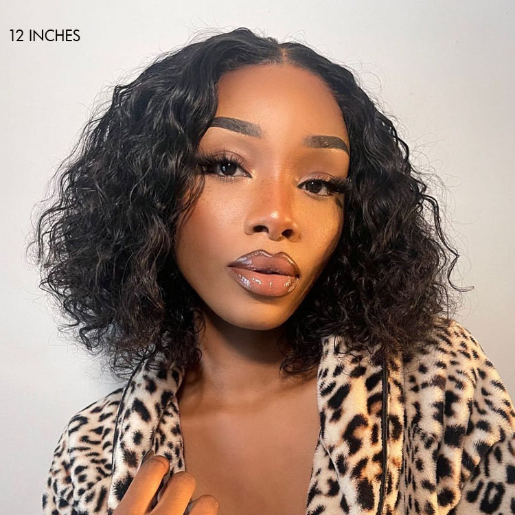 Luvme Vacation Vibes Water Wave 4x4 closure lace glueless short wig with natural water wave texture, human hair, mid-part style.