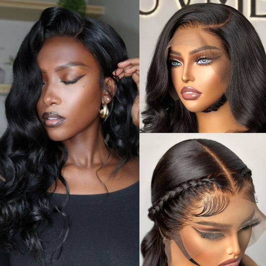 Luvme natural black 13x6 frontal lace wig with side part, body wave style, long 100% human hair, glueless construction