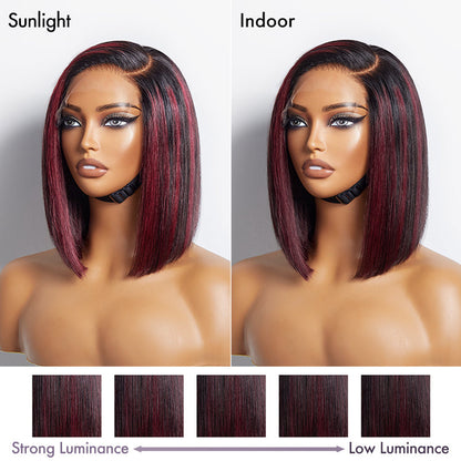 Dark Red Highlights Silky Blunt Cut C Part Glueless Minimalist HD Lace Bob Wig Beginner Friendly - US Only-07