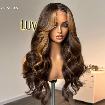 Luvme blonde highlight loose wave 5x5 closure wig with HD lace and curtain bangs, showcasing natural textured hair and lace front details.