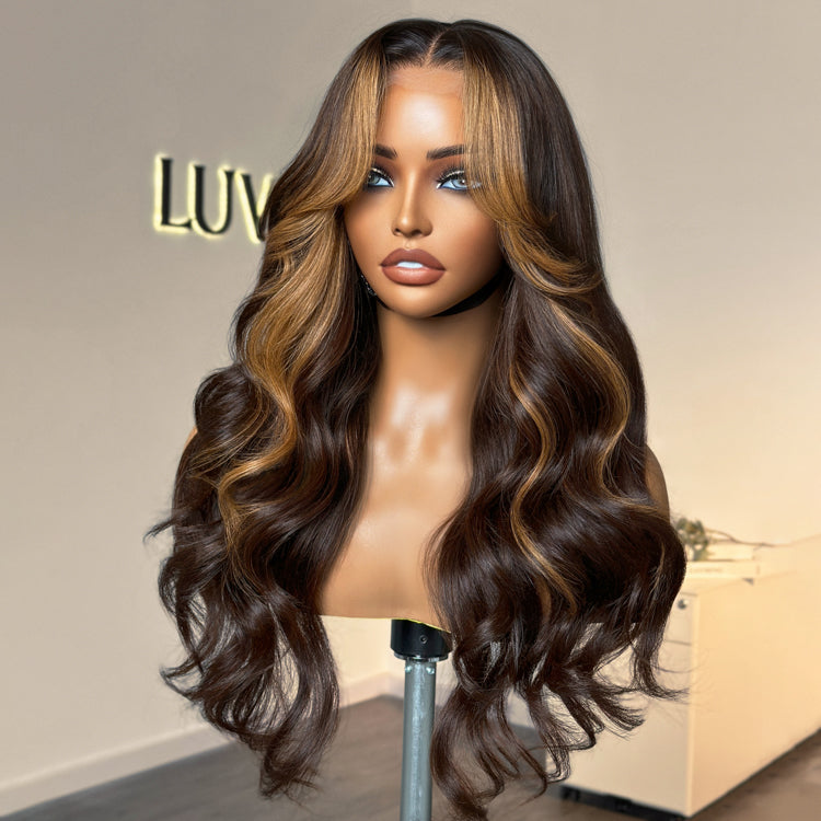 Luvme blonde highlight loose wave 5x5 closure wig with HD lace and curtain bangs, showcasing the natural wavy hair and lace front.