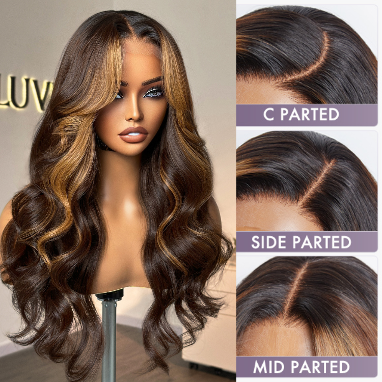 Luvme blonde highlight loose wave 5x5 closure wig with HD lace, curtain bangs, showcasing natural waves and lace front detail.