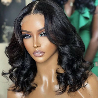 Luvme 5x5 closure lace wig with natural black loose wave human hair, glueless short wig, available in large and small cap sizes.