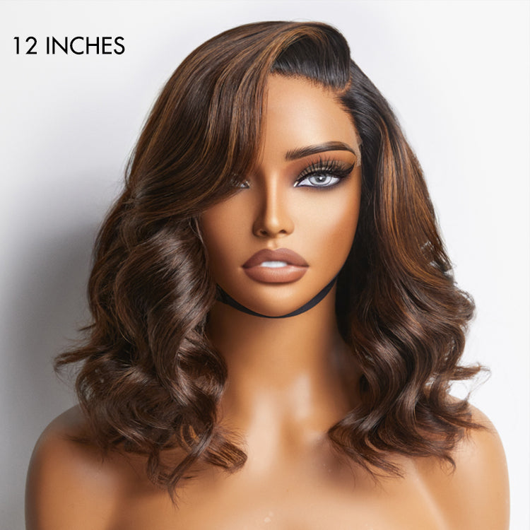 Luvme ombre brown loose wave minimalist HD lace glueless short wig made from 100% human hair displayed on a mannequin head