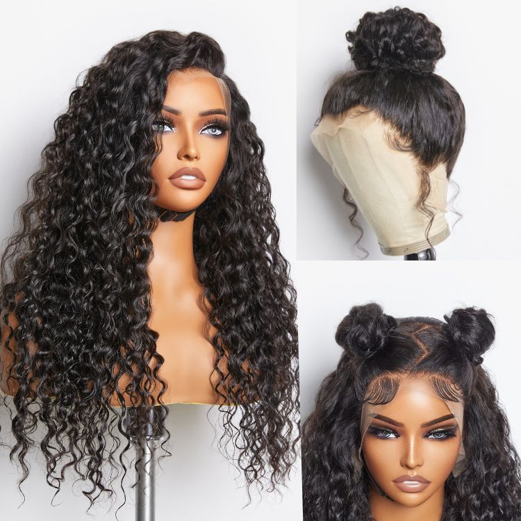 Luvme 360 lace pre-plucked long wig with 180% density, body wave, straight, or water wave styles, showcasing natural lace and hair texture.
