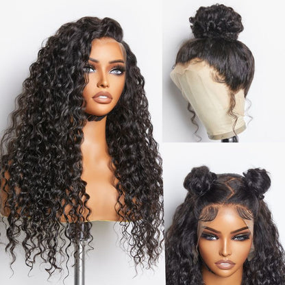 Luvme 360 lace pre-plucked long wig with 180% density, body wave, straight, or water wave styles, showcasing natural lace and hair texture.
