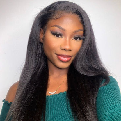 Luvme natural kinky straight 5x5 closure wig with HD lace, long 100% human hair, styled on a mannequin head.