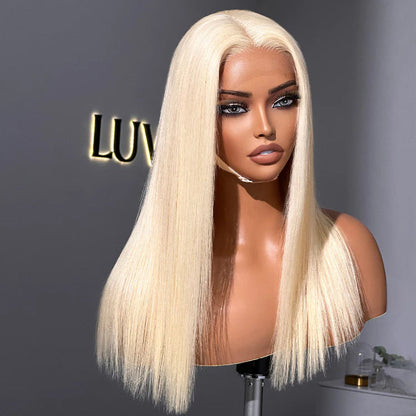 Blonde 613 silky straight 5x5 closure wig by Luvme Hair with HD lace, glueless, pre-cut lace for easy wear.