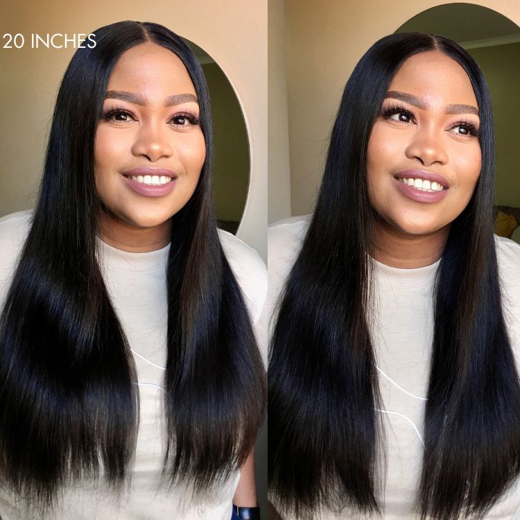 Luvme silky straight U part human hair wig with natural black hair, styled for a sleek, seamless look.