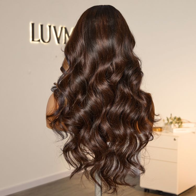 Luvme blonde highlight loose wave 5x5 closure HD lace wig with curtain bangs, natural hair texture and parting detail.