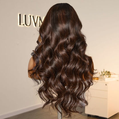 Luvme blonde highlight loose wave 5x5 closure HD lace wig with curtain bangs, natural hair texture and parting detail.
