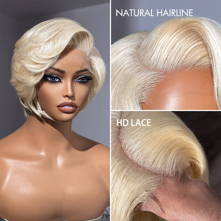 Luvme Hair 613 blonde pixie cut glueless lace wig with HD lace, short minimalist style, 100% human hair, pre-cut lace, natural look