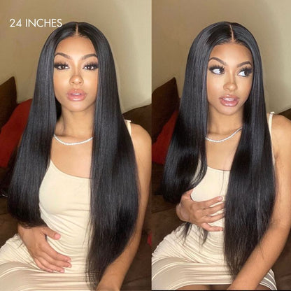 Luvme 5x5 closure wig with 180% density, silky straight texture, glueless HD lace, long style, large and small cap sizes.