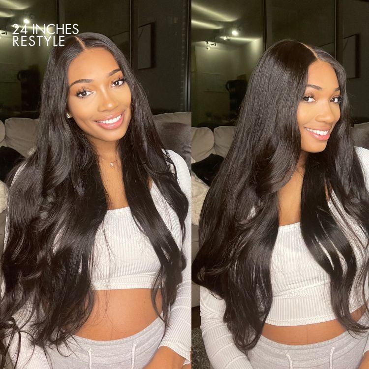 Luvme 5x5 closure wig with 180% density, silky straight hair, HD lace, glueless design, large and small cap options.