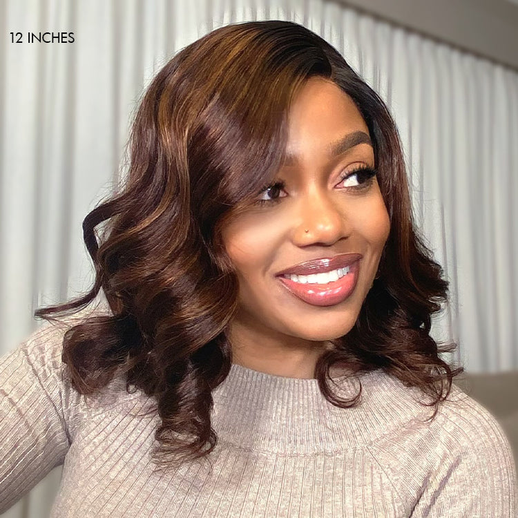 Luvme ombre brown loose wave minimalist HD lace glueless short wig with C part, 100% human hair, natural texture.