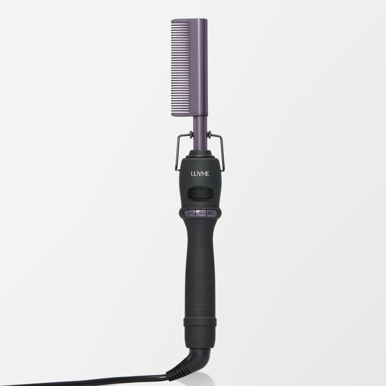 Luvme Hair electric hot comb with US plug, fast heating, adjustable temperature for styling wigs and natural hair, black tool.