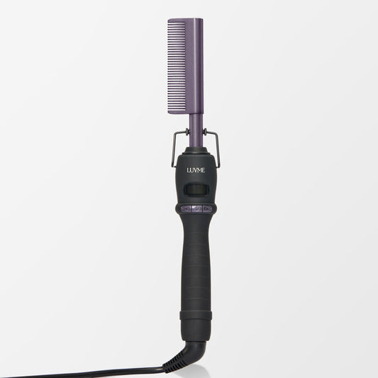 Luvme Hair electric hot comb with US plug, fast heating, adjustable temperature for styling wigs and natural hair, black tool.