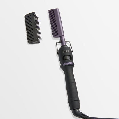 Luvme Hair electric hot comb with US plug, fast heating, adjustable temperature for wigs and natural hair styling.