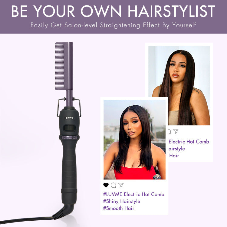 Luvme Hair electric hot comb with US plug, fast 30-second heating, adjustable temperature, for wigs and natural hair styling.