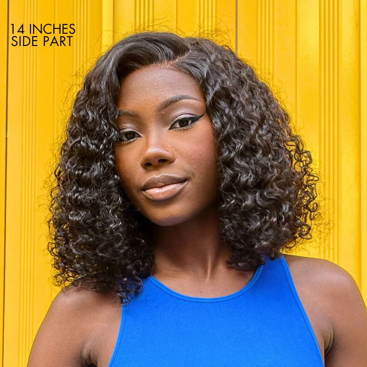 Luvme Kinky Curly Black 5x5 Closure HD Lace Wig with natural texture, ready-to-wear, available in large and small cap sizes.