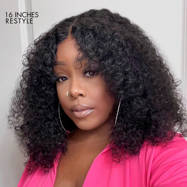 Luvme Kinky Curly 5x5 Closure HD lace wig with natural black hair, showing the wig cap and lace closure detail.