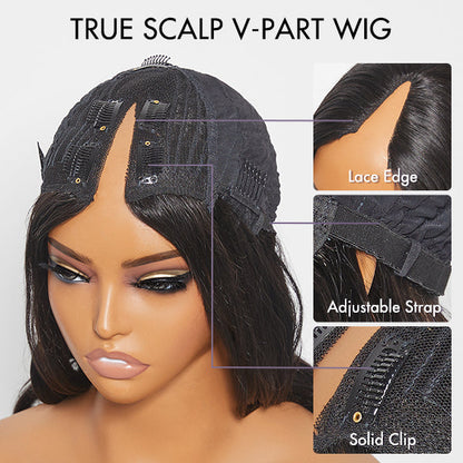 Luvme protective V part wig made of 100% human hair in kinky straight, body wave, and Jerry curly styles, natural-looking and versatile.