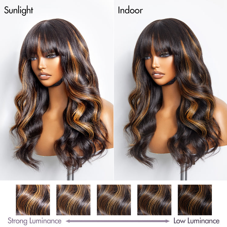 Blonde highlight loose wave lace wig with bangs, glueless 5x5 closure, by Luvme Hair, styled with soft curls and a natural hairline.