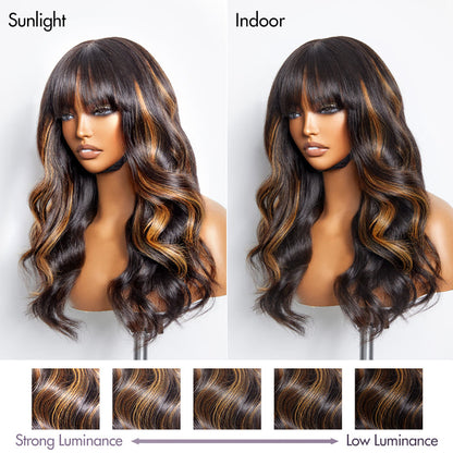 Blonde highlight loose wave lace wig with bangs, glueless 5x5 closure, by Luvme Hair, styled with soft curls and a natural hairline.