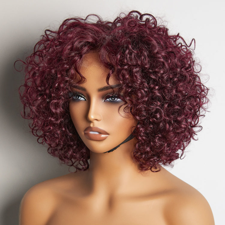 Luvme Hair burgundy curly bob minimalist lace wig with T-part, 100% human hair, showcasing its vibrant color and natural texture.