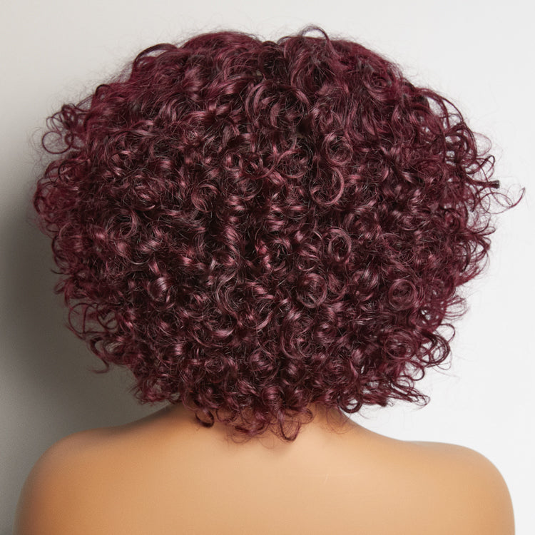 Luvme Hair burgundy curly bob minimalist lace wig with T-part, 100% human hair, in 99J color, styled with natural waves.