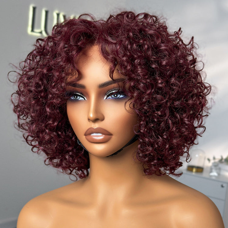 Luvme Hair burgundy curly bob lace wig with T part, human hair, minimalistic HD lace, showcasing vibrant 99J hair color style.