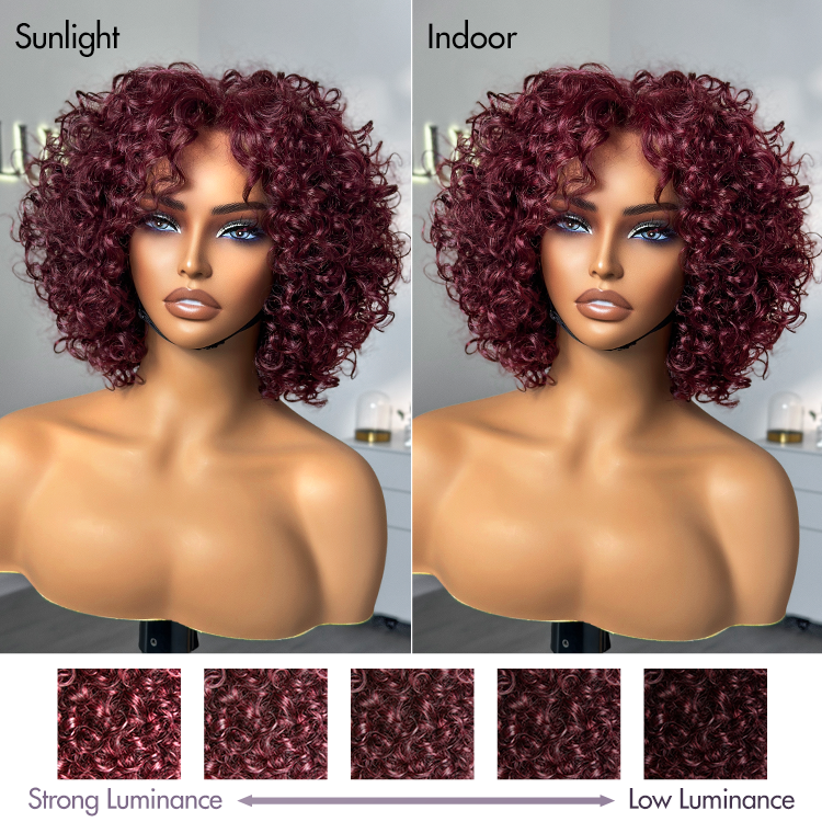 Luvme Hair burgundy curly bob lace wig in T part style, 100% human hair, minimalistic HD lace, vibrant 99J hair color.