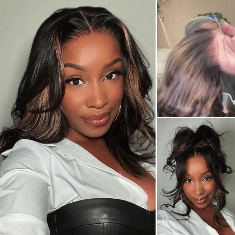 Luvme Hair PreMax Blonde Mix Black 5x5 HD lace closure wig with loose waves, glueless design, large and small cap options.