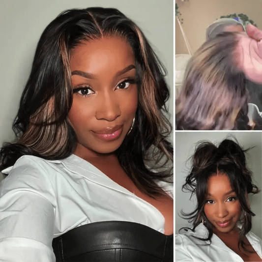 Luvme Hair PreMax Blonde Mix Black 5x5 HD lace closure wig with loose waves, glueless design, large and small cap options.