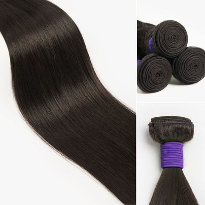 Three straight Brazilian virgin human hair bundles from Luvme Hair, showcasing smooth, natural texture and high-quality cut ends.