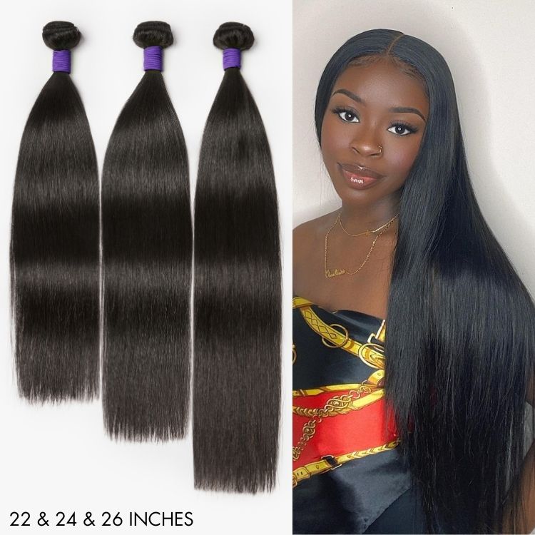 Three straight Brazilian virgin human hair bundles from Luvme Hair, showcasing smooth, natural hair texture and packaging.