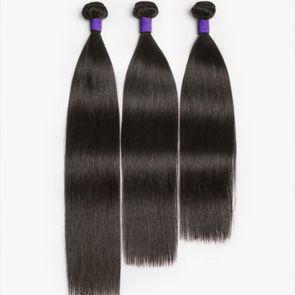 Three straight Brazilian Virgin Human Hair bundles from Luvme Hair, showcasing smooth, natural texture and premium quality.