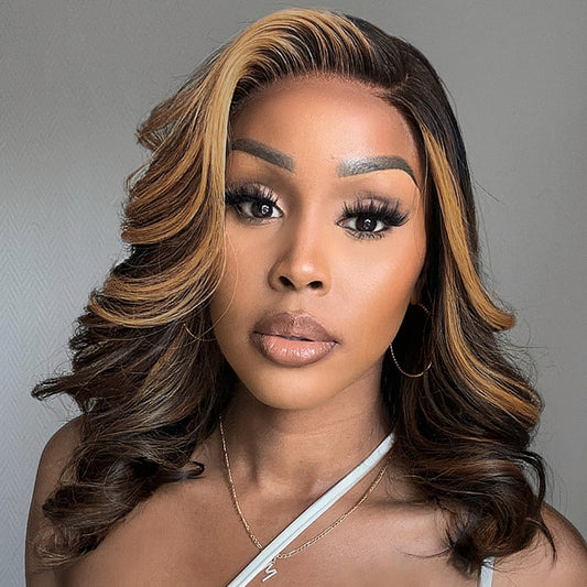 Luvme Hair brown blonde combo highlight 5x5 closure wig with loose wave, HD lace, glueless, natural hairline, and parting space.
