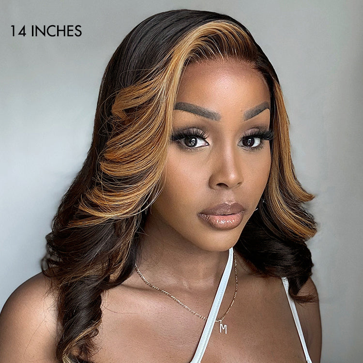 Brown blonde combo highlight 5x5 closure wig with loose waves, HD lace, glueless design, by Luvme Hair.