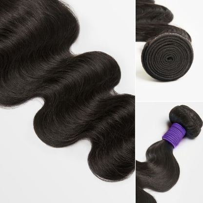 Upgraded Brazilian body wave human hair bundle by Luvme Hair, showing full, shiny 100% virgin Brazilian hair with natural wave pattern.