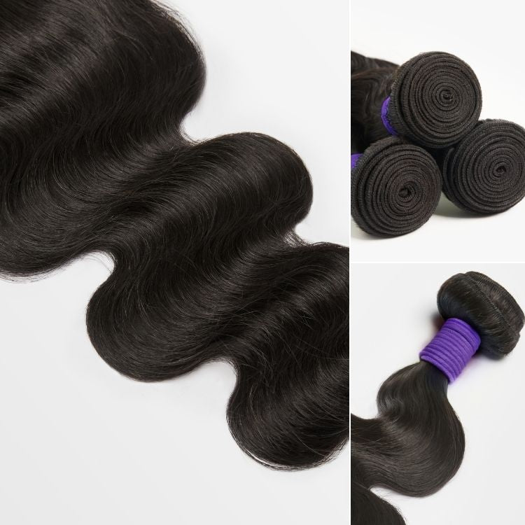 Three Brazilian body wave hair bundles from Luvme Hair, 100% virgin human hair, displayed in natural, wavy texture.